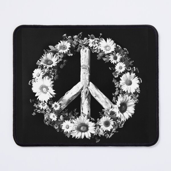 Item preview, Floral Peace Sign with Sunflowers Black and White Boho Hippie Art Design designed and sold by inkoutninja.
