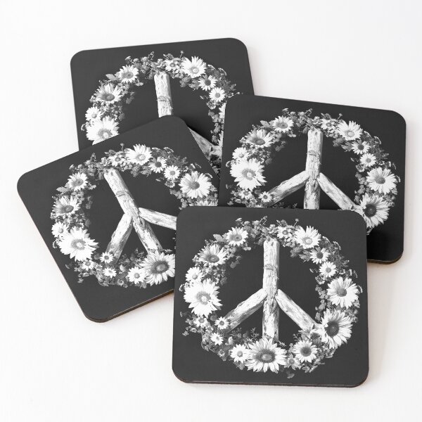 Item preview, Floral Peace Sign with Sunflowers Black and White Boho Hippie Art Design designed and sold by inkoutninja.