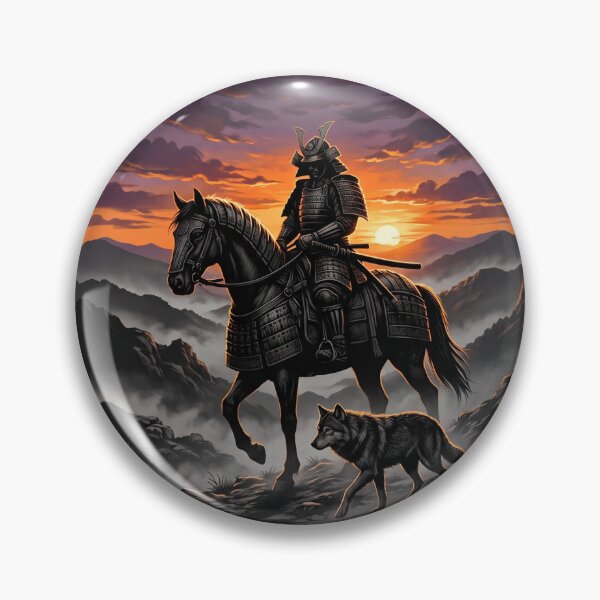 Item preview, Samurai Warrior on Horseback with Wolf at Fiery Sunset designed and sold by larbimalki.