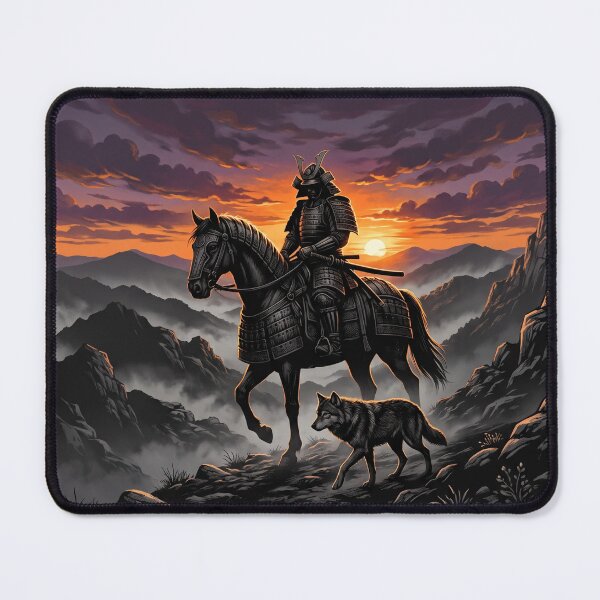 Item preview, Samurai Warrior on Horseback with Wolf at Fiery Sunset designed and sold by larbimalki.