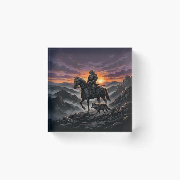 Item preview, Samurai Warrior on Horseback with Wolf at Fiery Sunset designed and sold by larbimalki.