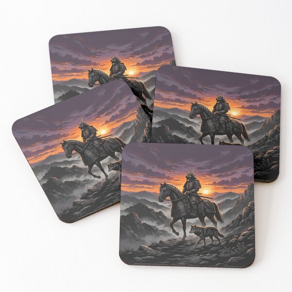 Item preview, Samurai Warrior on Horseback with Wolf at Fiery Sunset designed and sold by larbimalki.