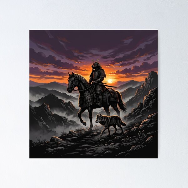 Item preview, Samurai Warrior on Horseback with Wolf at Fiery Sunset designed and sold by larbimalki.