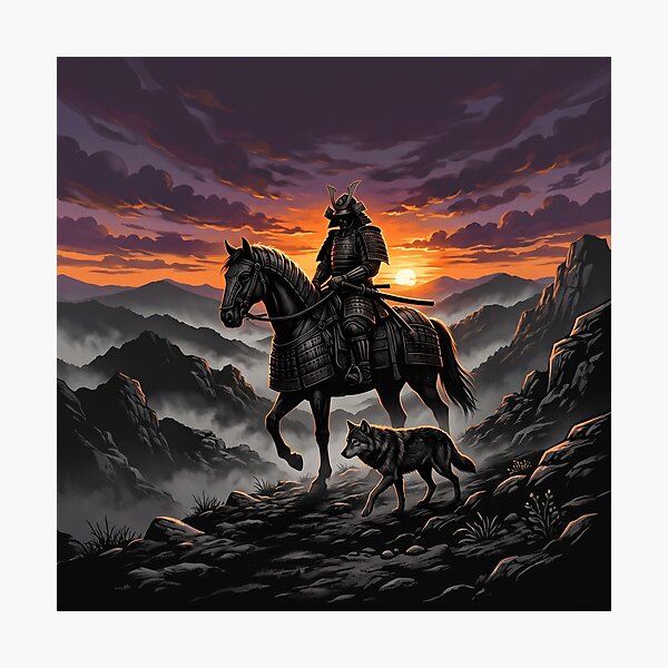 Item preview, Samurai Warrior on Horseback with Wolf at Fiery Sunset designed and sold by larbimalki.