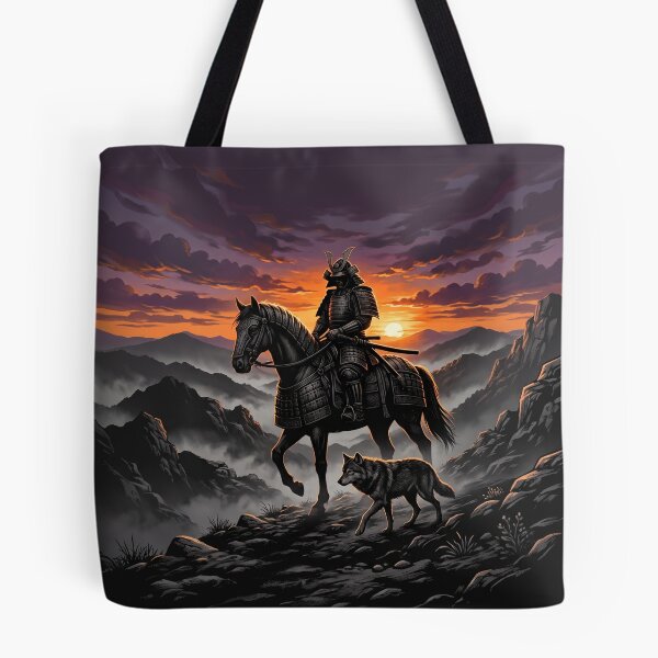 Item preview, Samurai Warrior on Horseback with Wolf at Fiery Sunset designed and sold by larbimalki.
