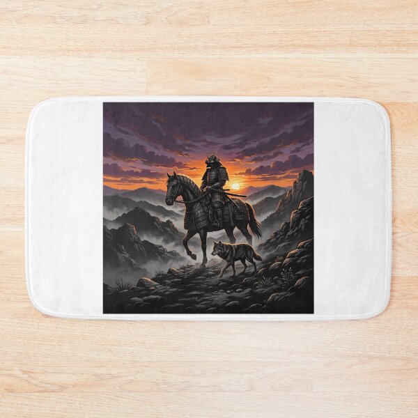 Item preview, Samurai Warrior on Horseback with Wolf at Fiery Sunset designed and sold by larbimalki.