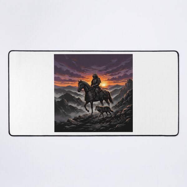 Item preview, Samurai Warrior on Horseback with Wolf at Fiery Sunset designed and sold by larbimalki.