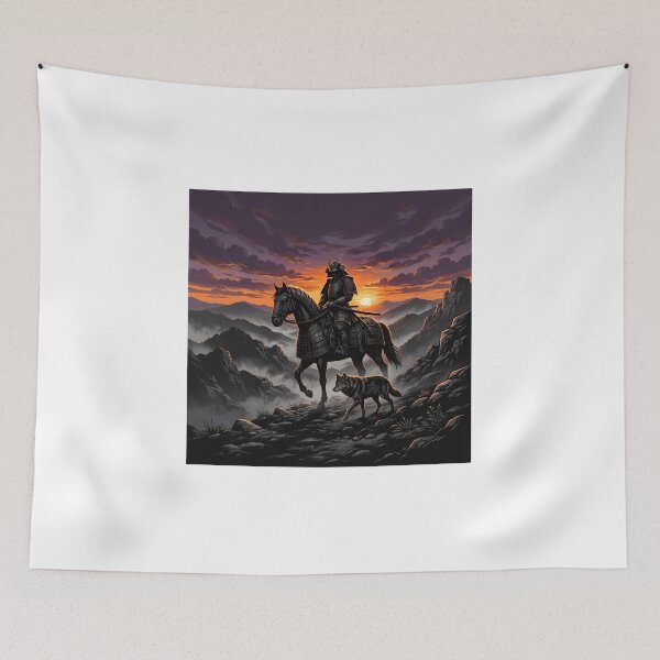 Item preview, Samurai Warrior on Horseback with Wolf at Fiery Sunset designed and sold by larbimalki.