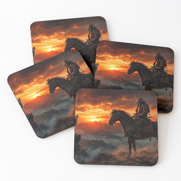Item preview, Dark Samurai Silhouette on Horseback with Wolf, Mountain Sunset designed and sold by larbimalki.
