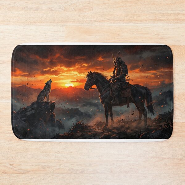 Item preview, Dark Samurai Silhouette on Horseback with Wolf, Mountain Sunset designed and sold by larbimalki.