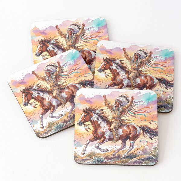 Item preview, Native American Man Riding Painted Horse Watercolor Sunset Art designed and sold by larbimalki.