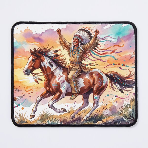 Item preview, Native American Man Riding Painted Horse Watercolor Sunset Art designed and sold by larbimalki.