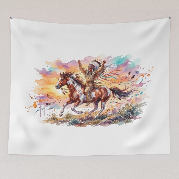 Item preview, Native American Man Riding Painted Horse Watercolor Sunset Art designed and sold by larbimalki.