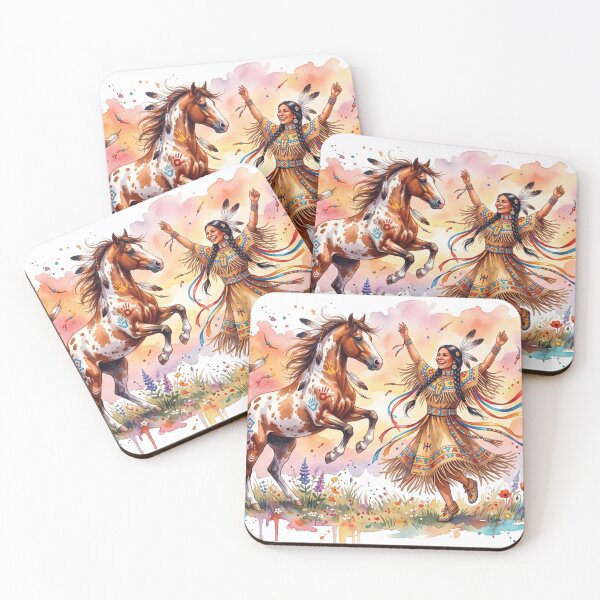 Item preview, Native American Woman Dancing with Painted Horse Watercolor Art designed and sold by larbimalki.