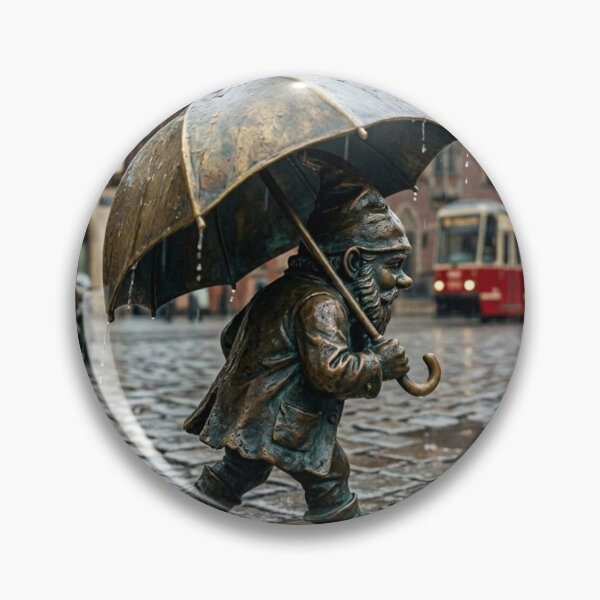 Item preview, Wroclaw Bronze Gnome Statue Crossing Rainy Street designed and sold by Purrfecta.