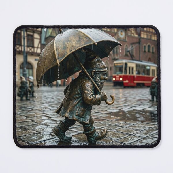 Item preview, Wroclaw Bronze Gnome Statue Crossing Rainy Street designed and sold by Purrfecta.