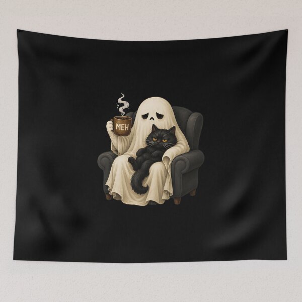 Item preview, Sad Ghost Holding Black Cat MEH Coffee Halloween designed and sold by leocreatives.