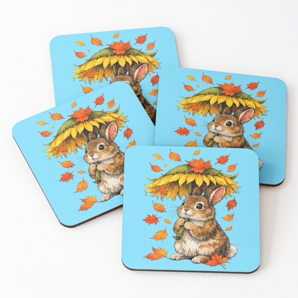 Item preview, Autumn Bunny with Sunflower Umbrella and Falling Leaves designed and sold by Lion and Lamb Design.