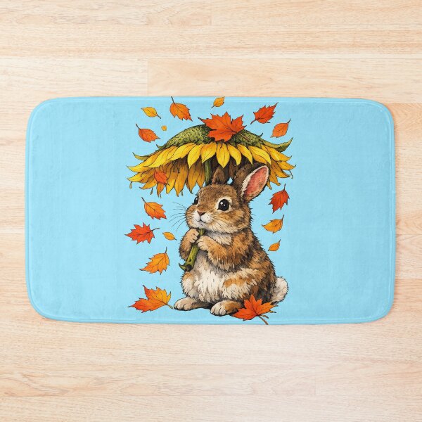 Item preview, Autumn Bunny with Sunflower Umbrella and Falling Leaves designed and sold by Lion and Lamb Design.