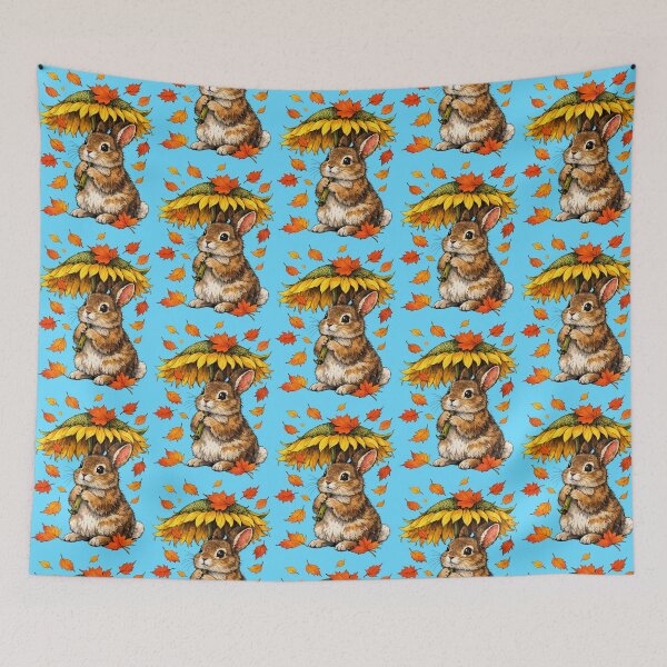 Item preview, Autumn Bunny with Sunflower Umbrella and Falling Leaves designed and sold by Lion and Lamb Design.