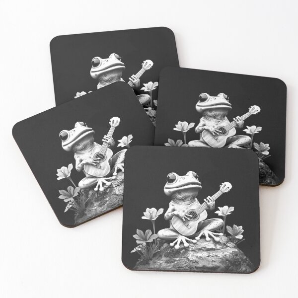 Item preview, Guitar Playing Frog with Flowers Black and White Whimsical Music Art designed and sold by inkoutninja.