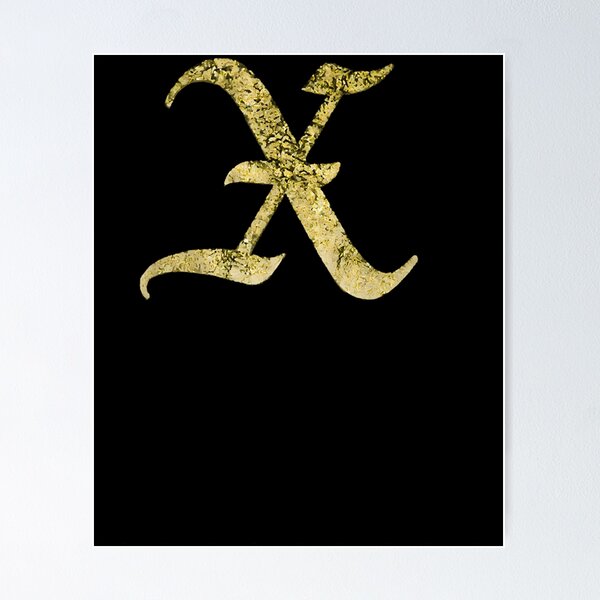 Aperçu de l'œuvre Lettre X calligraphique en feuille d'or foncée créée et vendue par Medusa Gorgo.