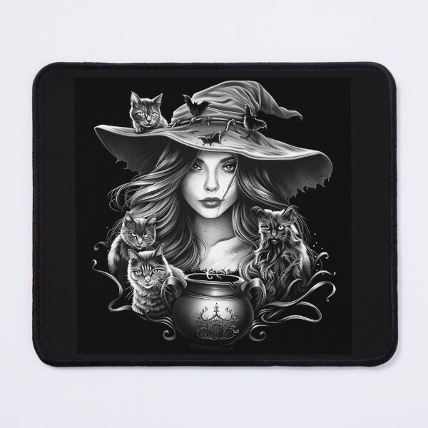Item preview, Witch with Black Cats and Cauldron Black and White Gothic Halloween Art designed and sold by inkoutninja.