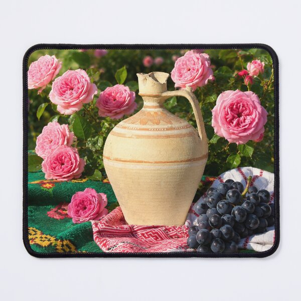Item preview, Rustic European Still Life with Vintage Ceramic Jug, Pink Roses and Grapes designed and sold by DansCreations42.
