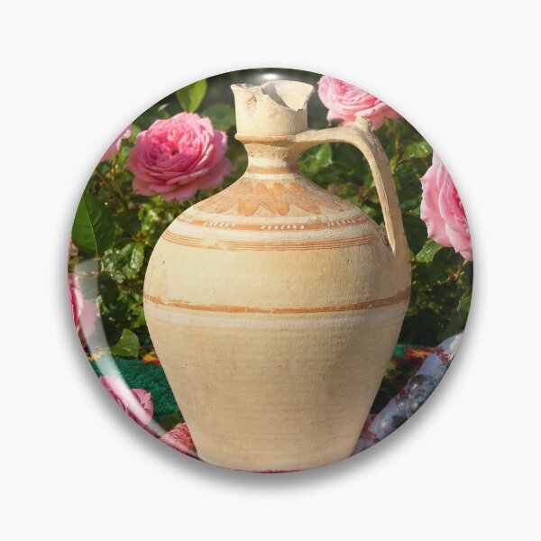 Item preview, Rustic European Still Life with Vintage Ceramic Jug, Pink Roses and Grapes designed and sold by DansCreations42.