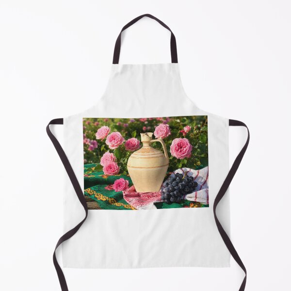 Item preview, Rustic European Still Life with Vintage Ceramic Jug, Pink Roses and Grapes designed and sold by DansCreations42.