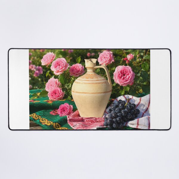 Item preview, Rustic European Still Life with Vintage Ceramic Jug, Pink Roses and Grapes designed and sold by DansCreations42.