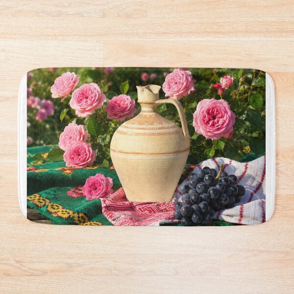 Item preview, Rustic European Still Life with Vintage Ceramic Jug, Pink Roses and Grapes designed and sold by DansCreations42.