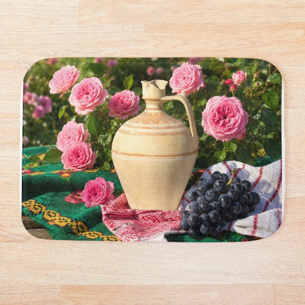 Item preview, Rustic European Still Life with Vintage Ceramic Jug, Pink Roses and Grapes designed and sold by DansCreations42.