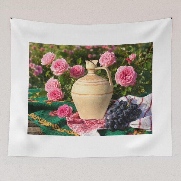 Item preview, Rustic European Still Life with Vintage Ceramic Jug, Pink Roses and Grapes designed and sold by DansCreations42.