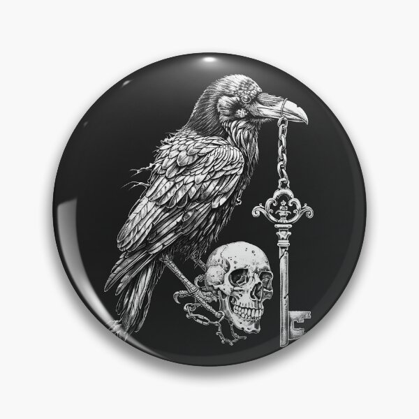 Item preview, Raven with Skull and Skeleton Key Black and White Gothic Dark Art Design designed and sold by inkoutninja.