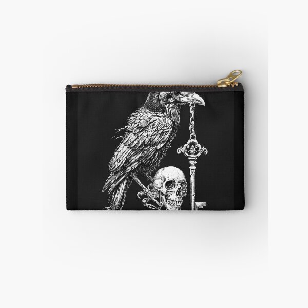 Item preview, Raven with Skull and Skeleton Key Black and White Gothic Dark Art Design designed and sold by inkoutninja.