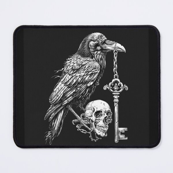 Item preview, Raven with Skull and Skeleton Key Black and White Gothic Dark Art Design designed and sold by inkoutninja.