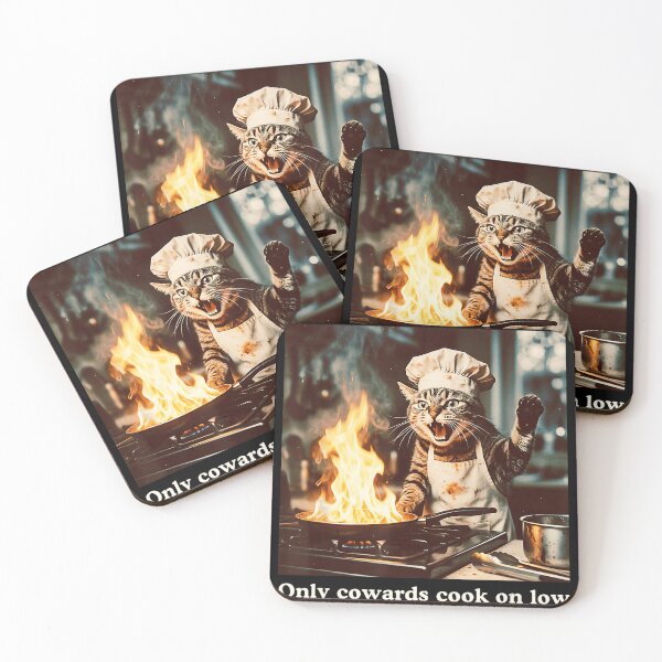 Item preview, Only Cowards Cook On Low Cat Chef Kitchen Foodie designed and sold by CharlieConon.
