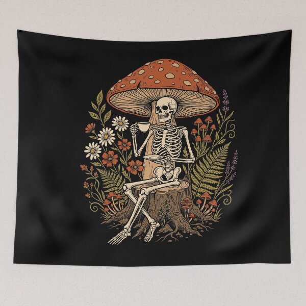Item preview, Skeleton Drinking Tea Mushroom Cottagecore Art designed and sold by VioletNance.