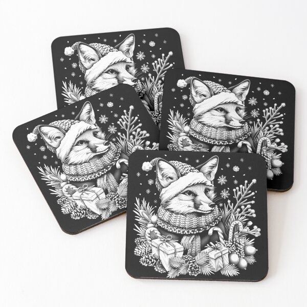 Item preview, Christmas Fox in Winter Hat with Gifts Black and White Holiday Art Design designed and sold by inkoutninja.