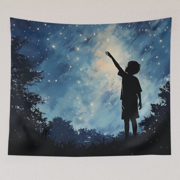 Artikelvorschau, Sternenlichtgriff – Silhouette eines Jungen, der nach dem Sternenhimmel greift – Kinderkunst – Aquarell entworfen und verkauft von CastleBySea.