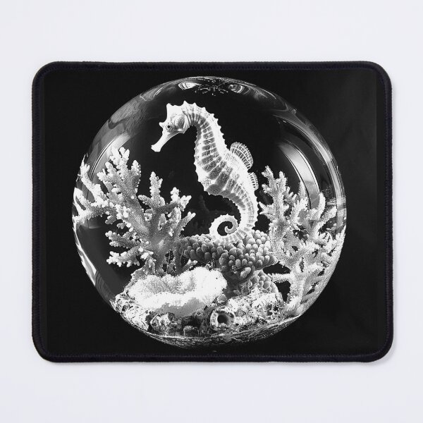 Item preview, Seahorse in Crystal Globe with Coral Reef Black and White Ocean Art Design designed and sold by inkoutninja.