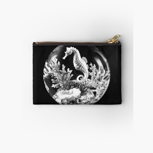 Item preview, Seahorse in Crystal Globe with Coral Reef Black and White Ocean Art Design designed and sold by inkoutninja.