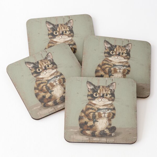 Item preview, Tortoiseshell Cat Guarding One Precious Fish Folk Art designed and sold by PictorialWhimsy.