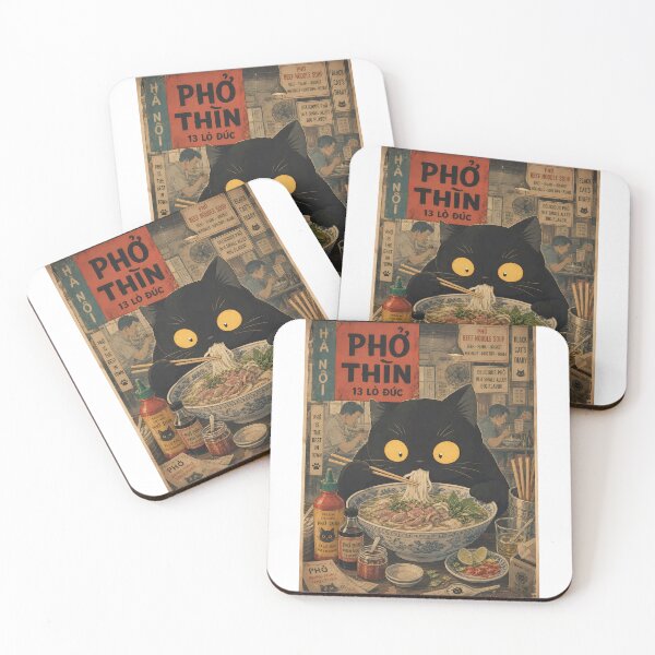 Item preview, Vintage Black Cat Eating Pho - Retro Vietnamese Noodle Art designed and sold by PurrfectHome.