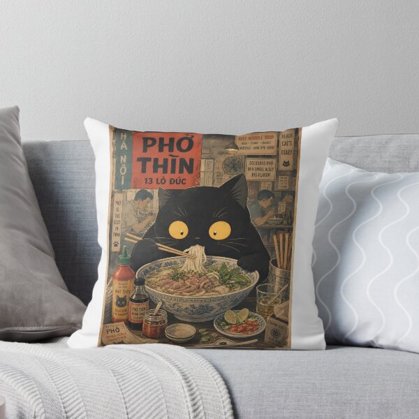 Item preview, Vintage Black Cat Eating Pho - Retro Vietnamese Noodle Art designed and sold by PurrfectHome.