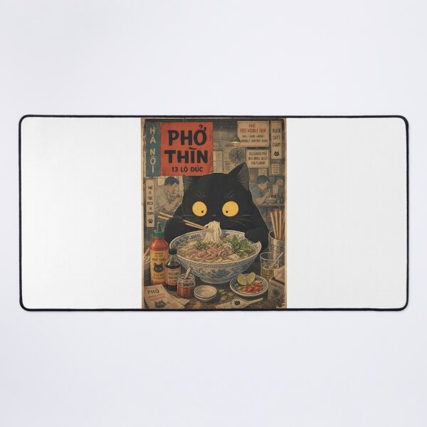 Item preview, Vintage Black Cat Eating Pho - Retro Vietnamese Noodle Art designed and sold by PurrfectHome.