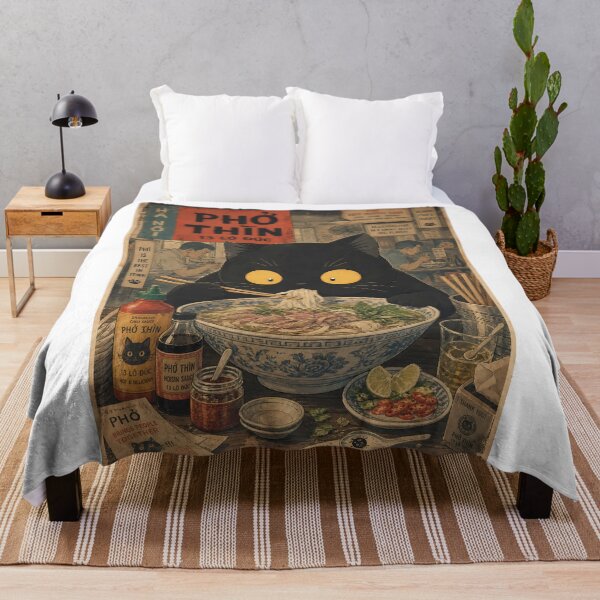 Item preview, Vintage Black Cat Eating Pho - Retro Vietnamese Noodle Art designed and sold by PurrfectHome.