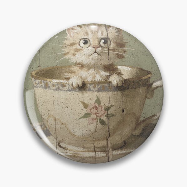Item preview, Startled Cream Kitten Hiding in a Teacup Folk Art designed and sold by PictorialWhimsy.