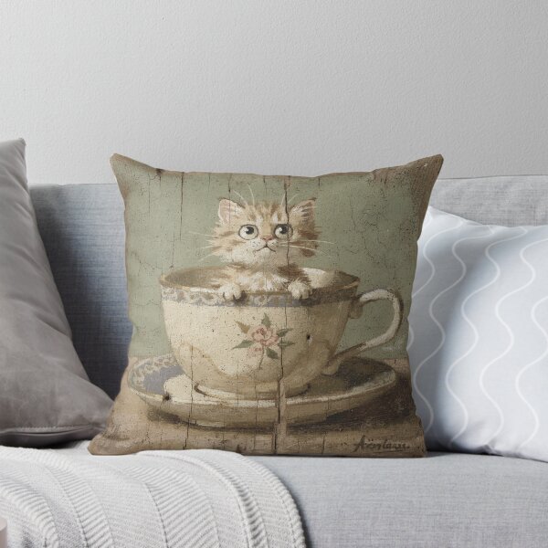 Item preview, Startled Cream Kitten Hiding in a Teacup Folk Art designed and sold by PictorialWhimsy.